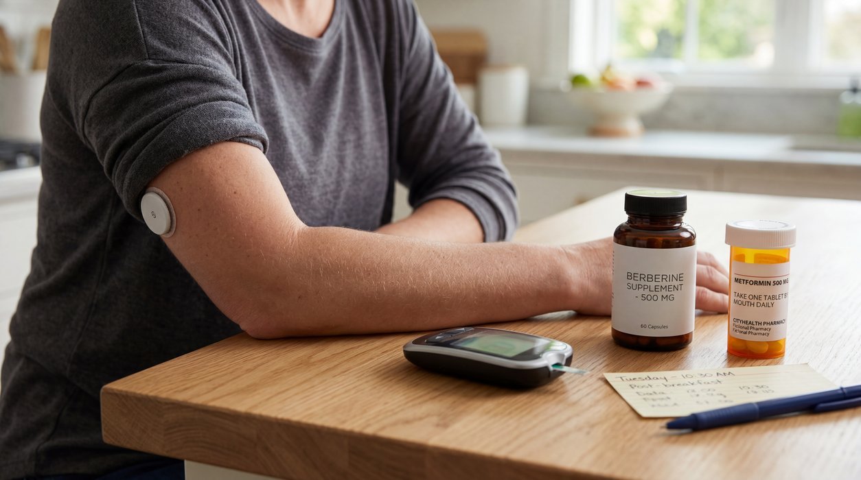 glucose control monitoring with CGM sensor, berberine and metformin context