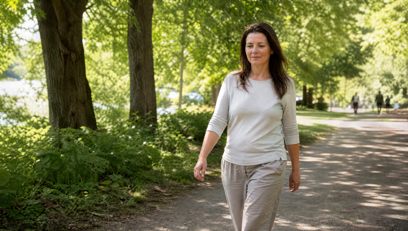 blood sugar hacks — woman walking on a sunlit park path after a meal, relaxed posture, dappled morning light