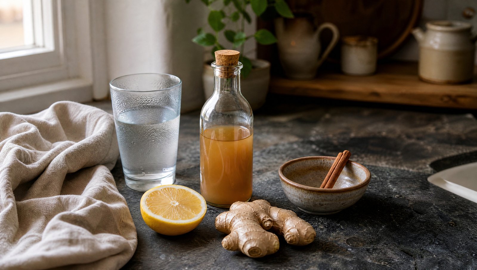 blood sugar hacks — glass of water with apple cider vinegar, lemon, and herbs on a stone kitchen countertop