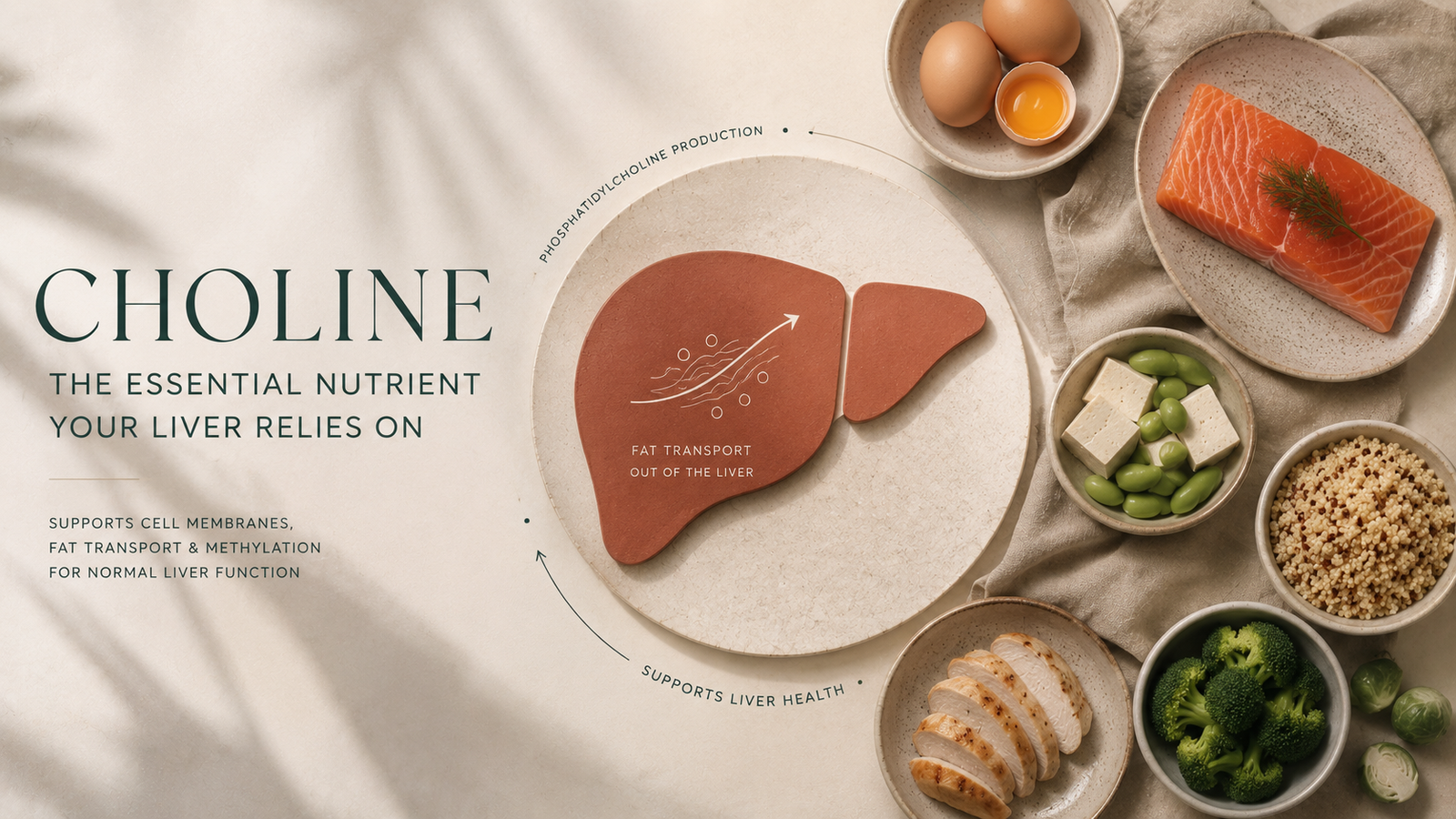 choline and liver health graphic with food sources and liver fat transport concept