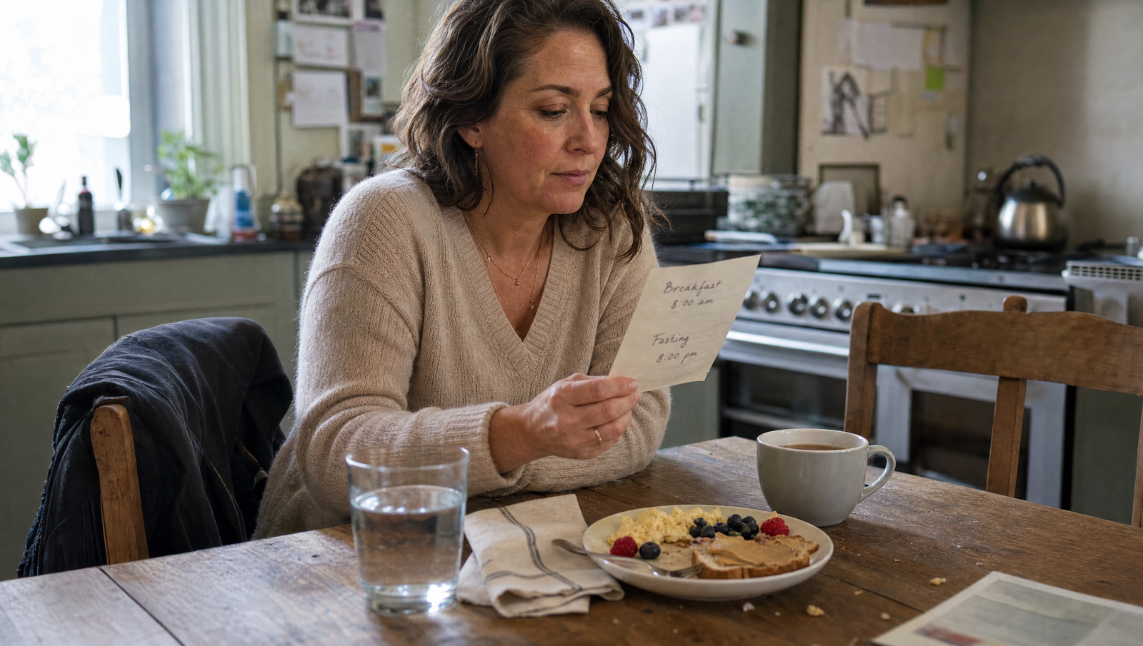 fasting for prediabetes morning routine with breakfast notes and water