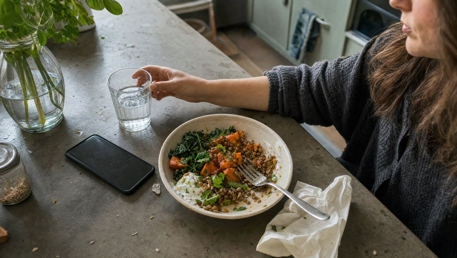 balanced meal for fasting for prediabetes with lentils vegetables and yogurt sauce