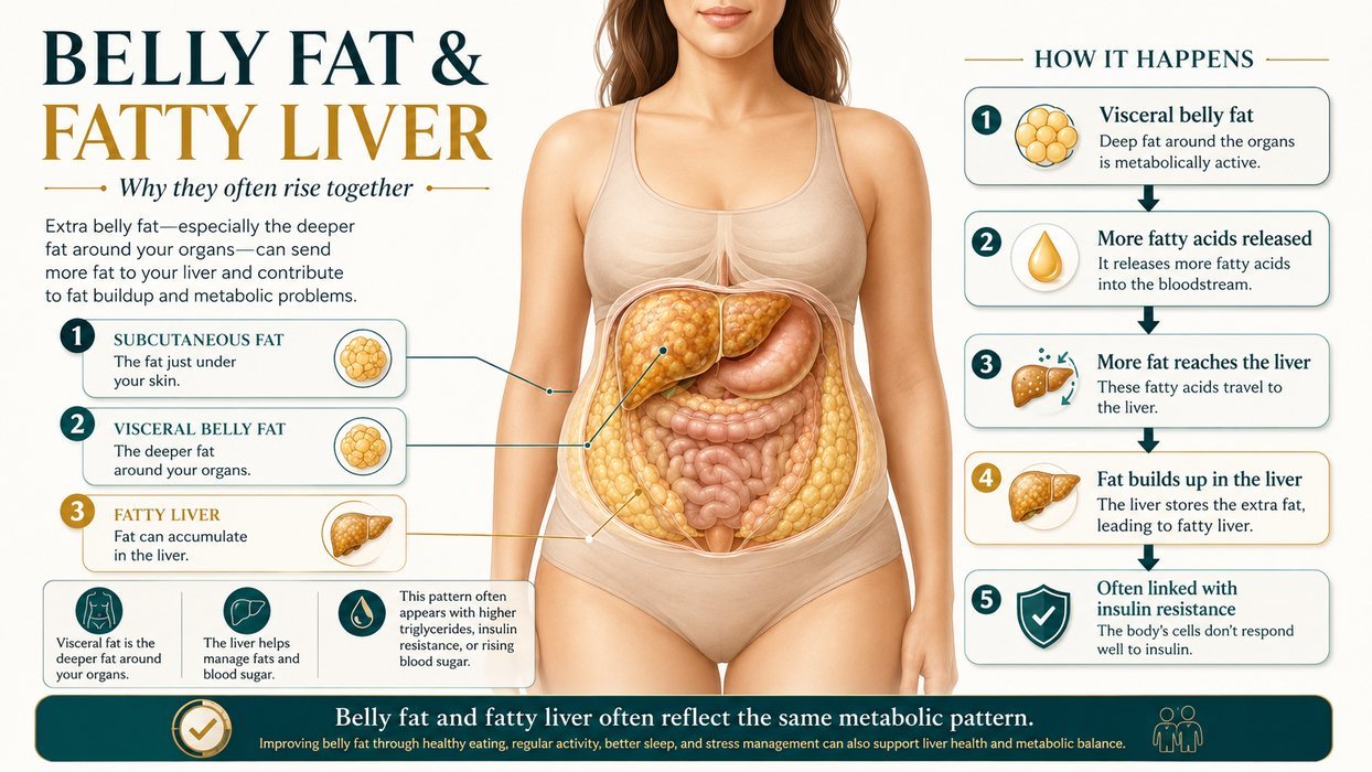 fatty liver belly fat infographic showing visceral fat and liver connection