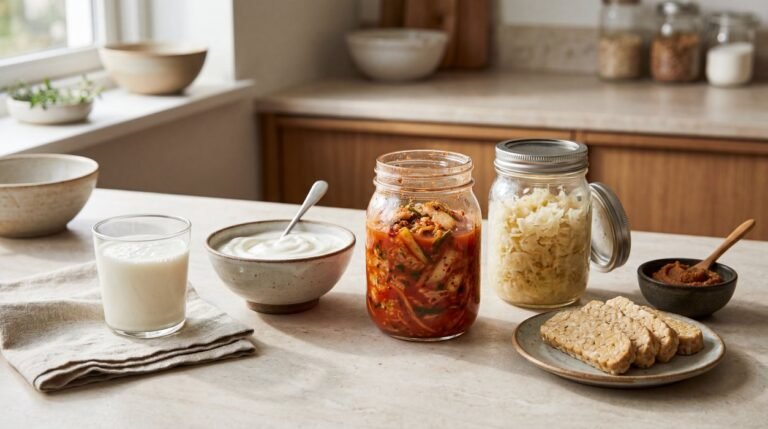 fermented foods benefits with kefir yogurt kimchi sauerkraut and fermented soy
