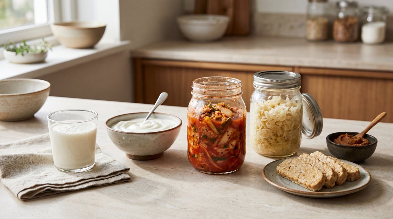 fermented foods benefits with kefir yogurt kimchi sauerkraut and fermented soy