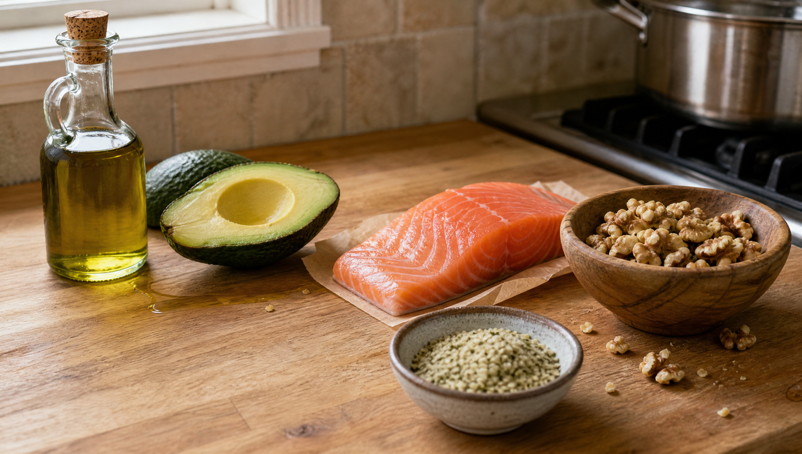 healthy fats for fatty liver — avocado, olive oil, and salmon arranged on a wooden kitchen surface