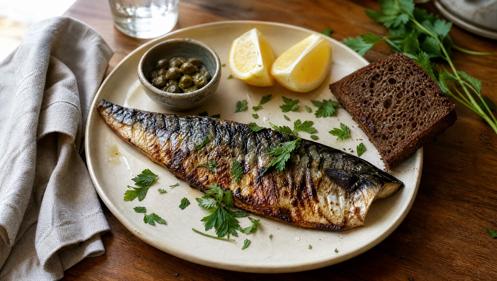 omega-3 rich foods for liver health — grilled mackerel with lemon on a wooden dining table