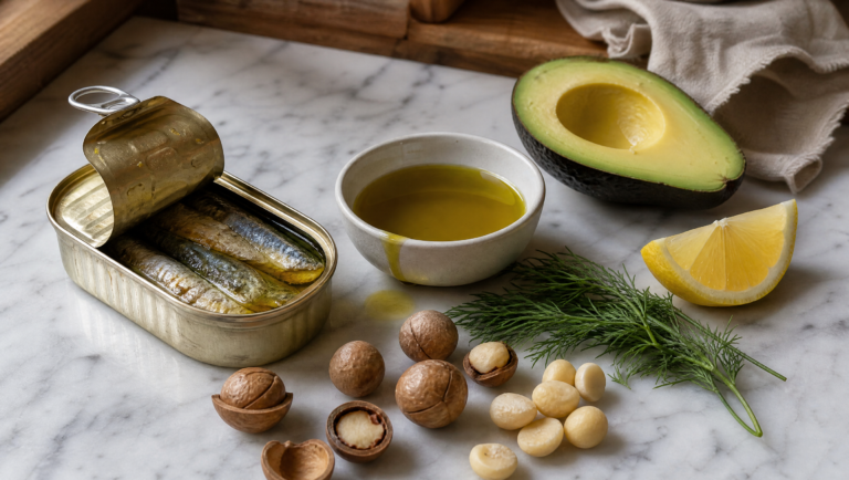 healthy fats for liver health — olive oil, avocado, and sardines on a kitchen surface