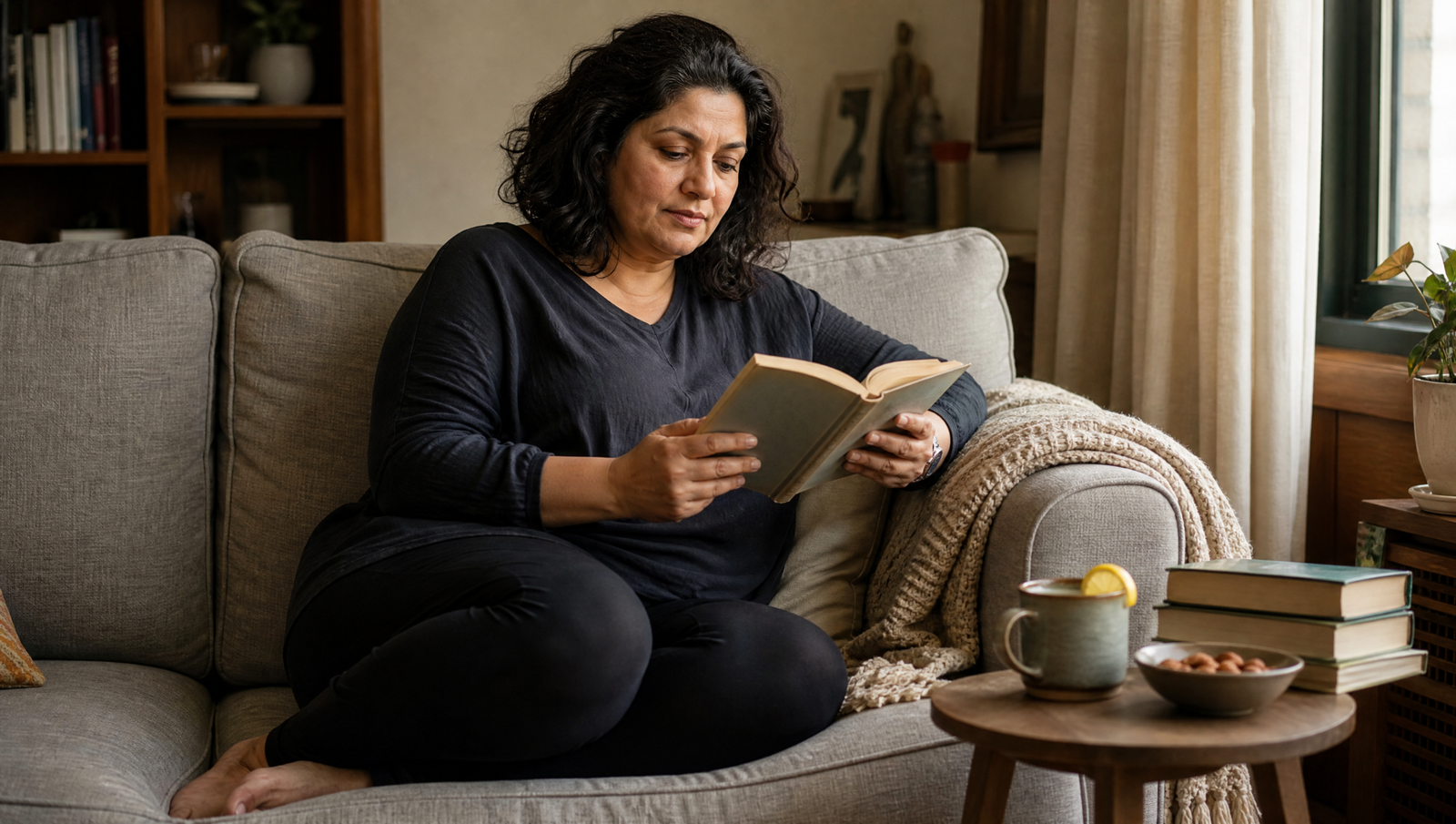 low-fat diet myth — woman reading on sofa with herbal tea, relaxed natural light, realistic appearance