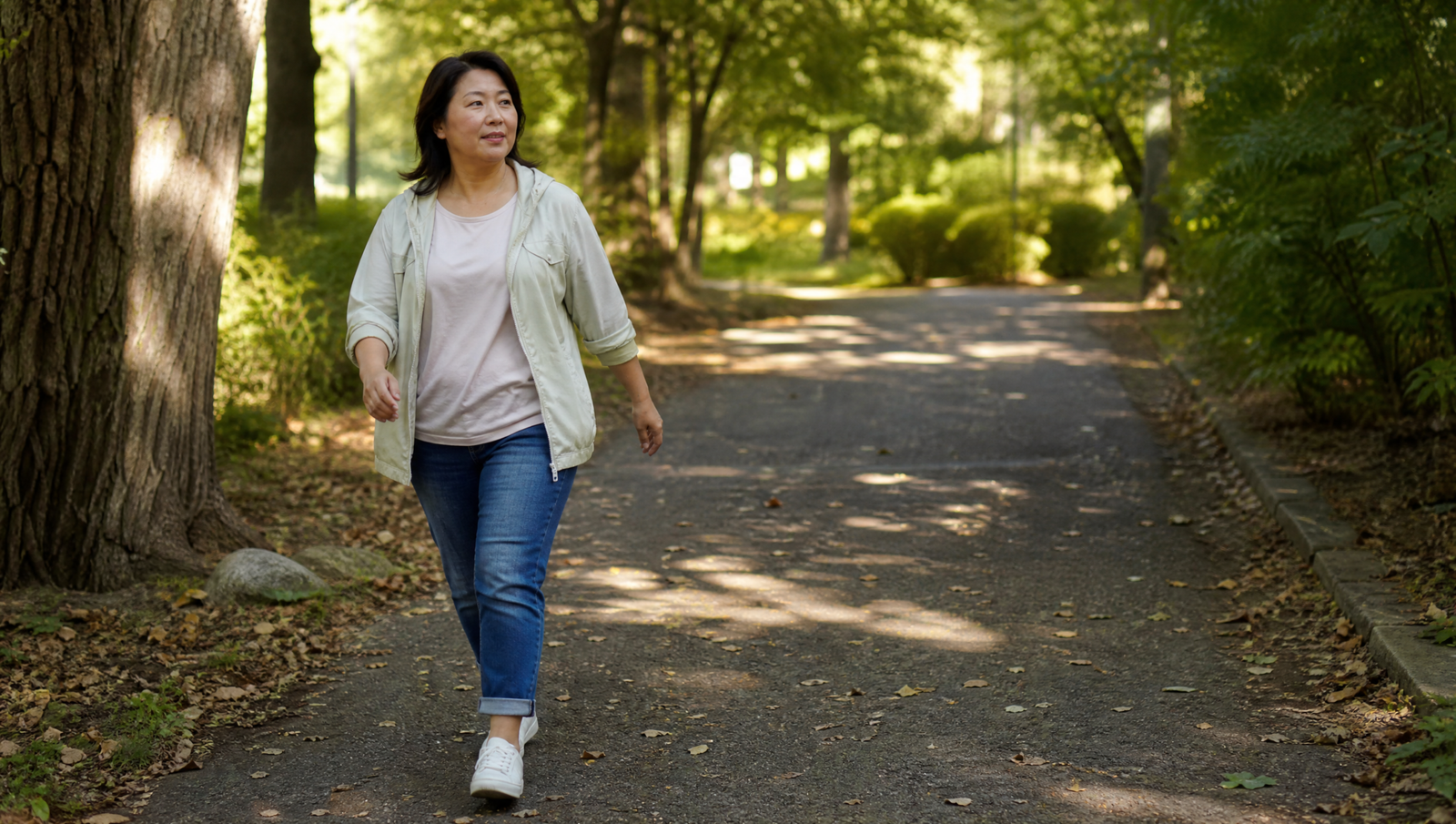 fat and satiety hormones — woman on relaxed post-meal walk on a tree-lined path, natural daylight