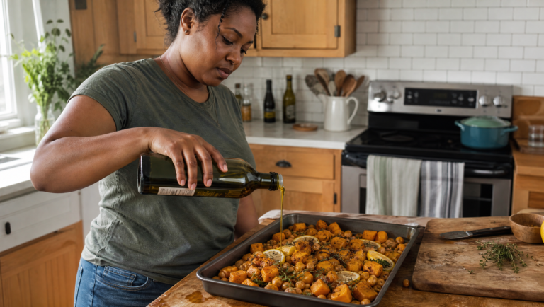 healthy fats vs sugar — Black woman cooking with olive oil and roasted squash in a bright kitchen