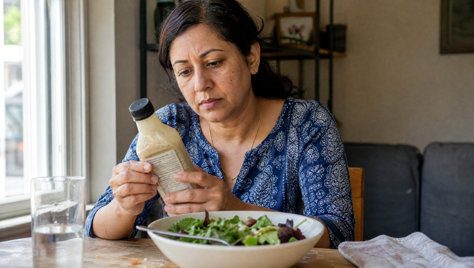 hidden sugars in salad dressings shown on a nutrition label next to a bowl of greens on a wooden table