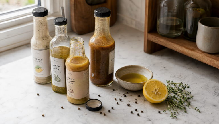hidden sugars in food — assorted salad dressing bottles on a bright kitchen countertop