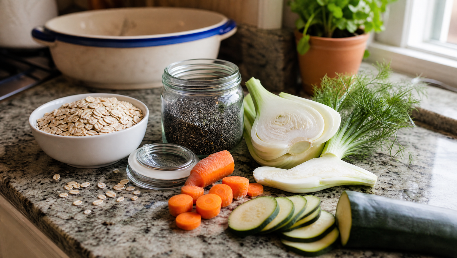 High-fiber foods less likely to cause bloating including oats, chia seeds, kiwi, fennel, zucchini, and cooked carrots