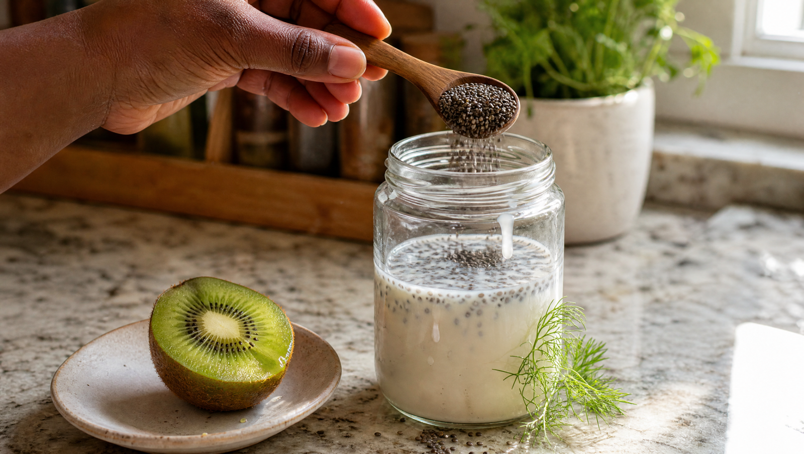 Gut-friendly high fiber foods including kiwi, fennel, chia seeds, oats, and carrots on a bright kitchen table