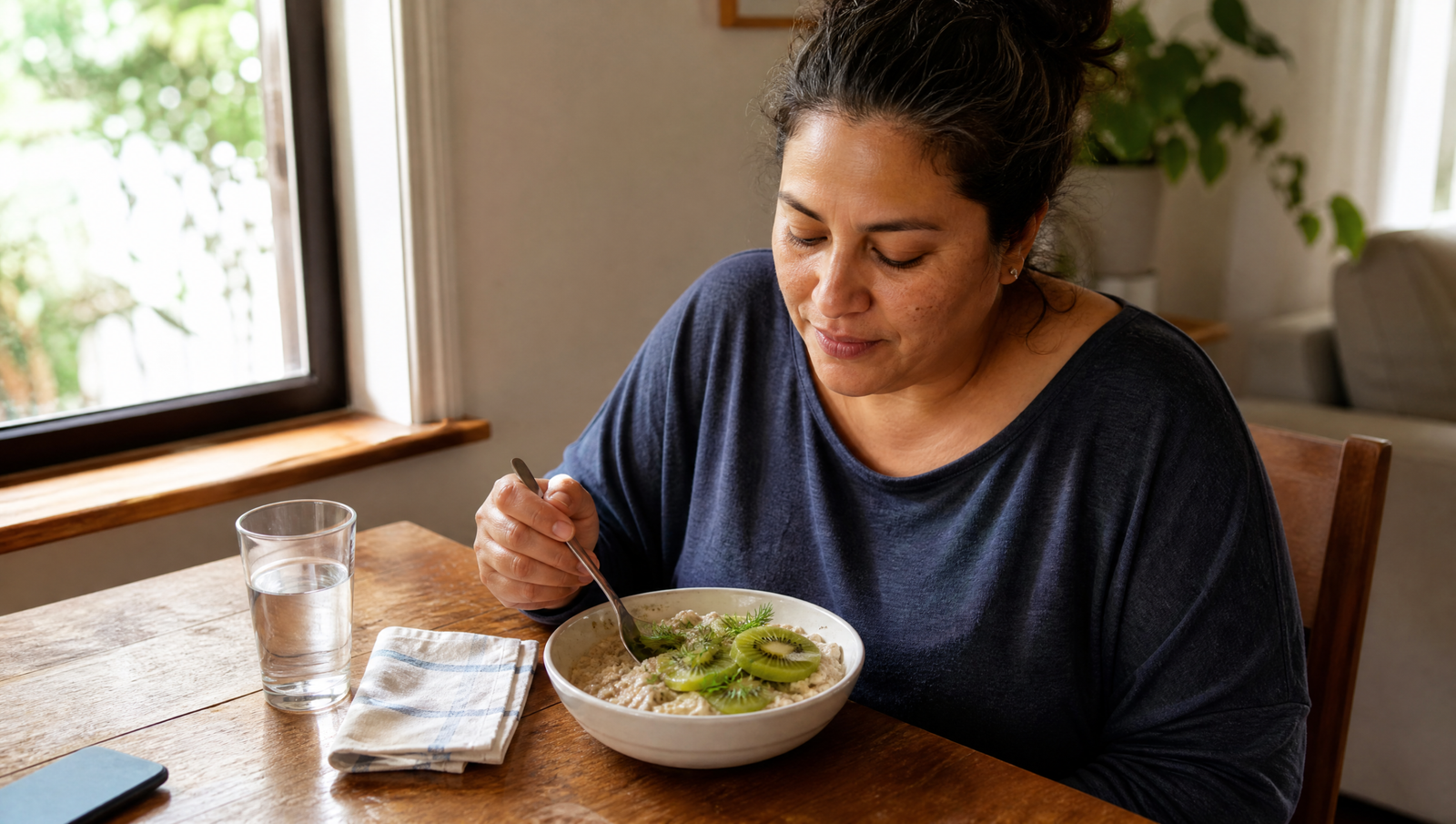 Balanced low-bloat high-fiber meal with oats, kiwi, chia, cooked vegetables, and fennel in a bright wellness kitchen setting