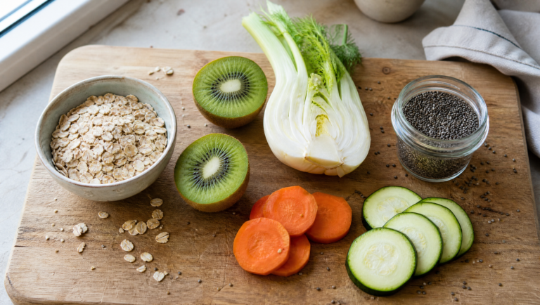 high fiber low bloat foods — oats, chia seeds, kiwi and fennel on a wooden kitchen surface