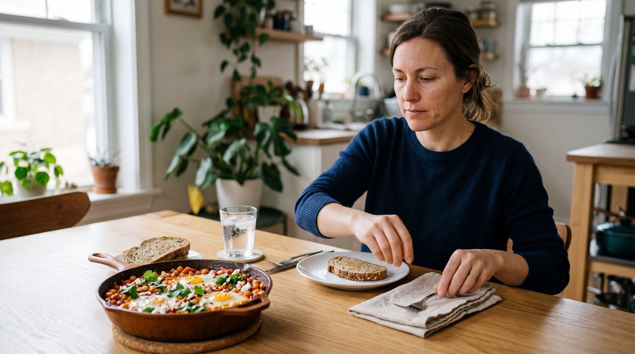 high protein breakfast tips shown in a savory shakshuka breakfast plate