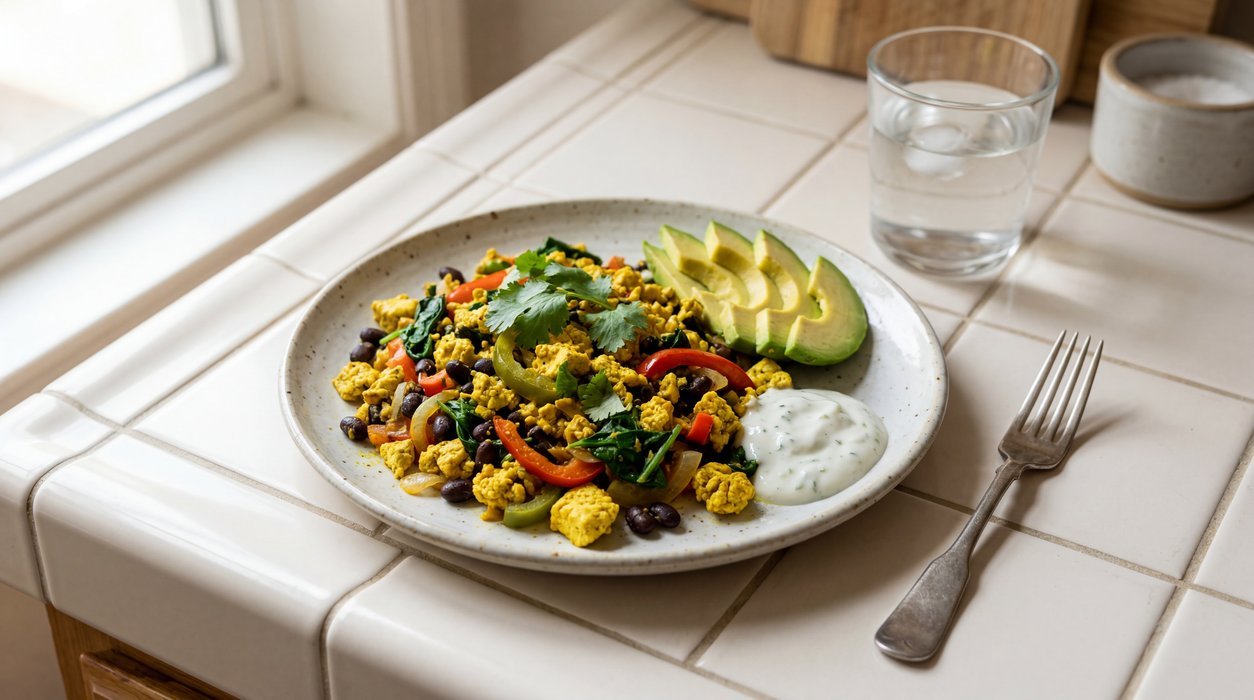 protein-rich breakfast ideas with tofu scramble beans and vegetables