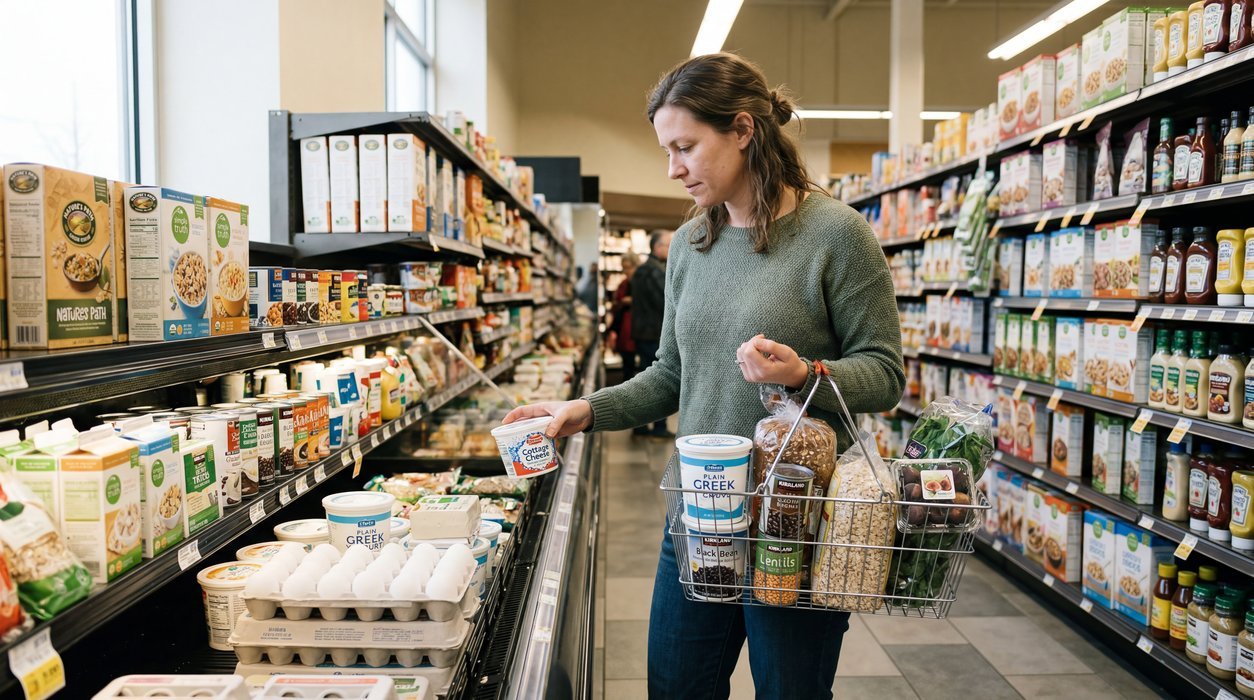high protein breakfast tips shown in a grocery basket with protein and fiber foods