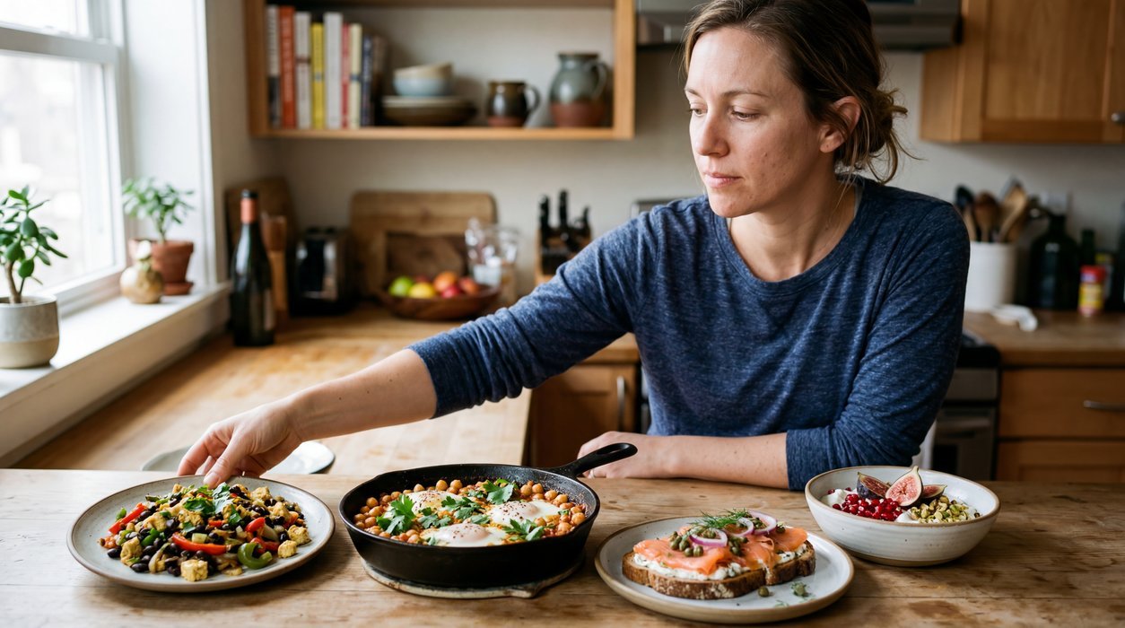 high protein breakfast tips with eggs beans tofu and colorful breakfast plates