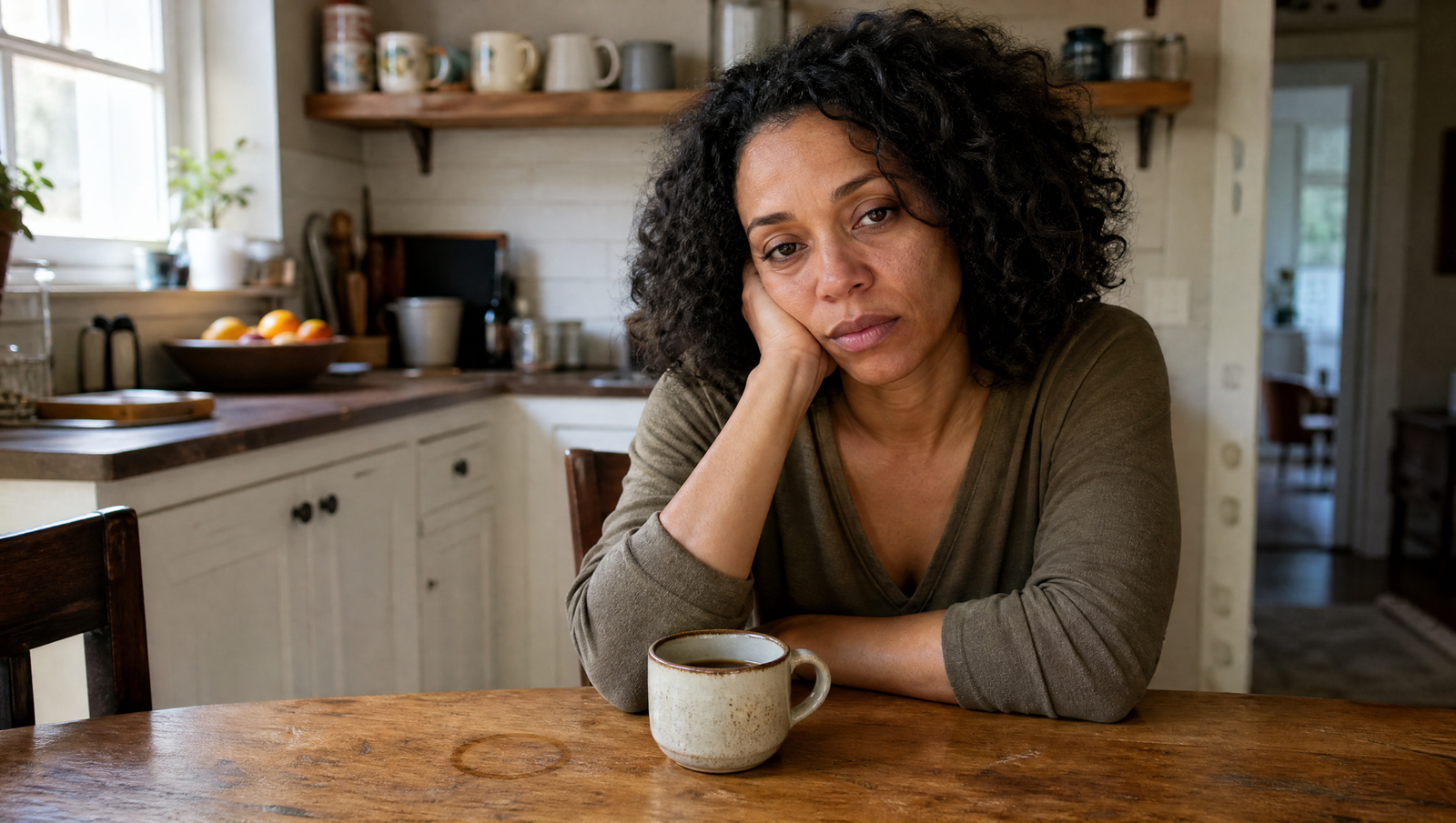 Signs of insulin resistance — woman experiencing afternoon energy crash at kitchen table in natural light