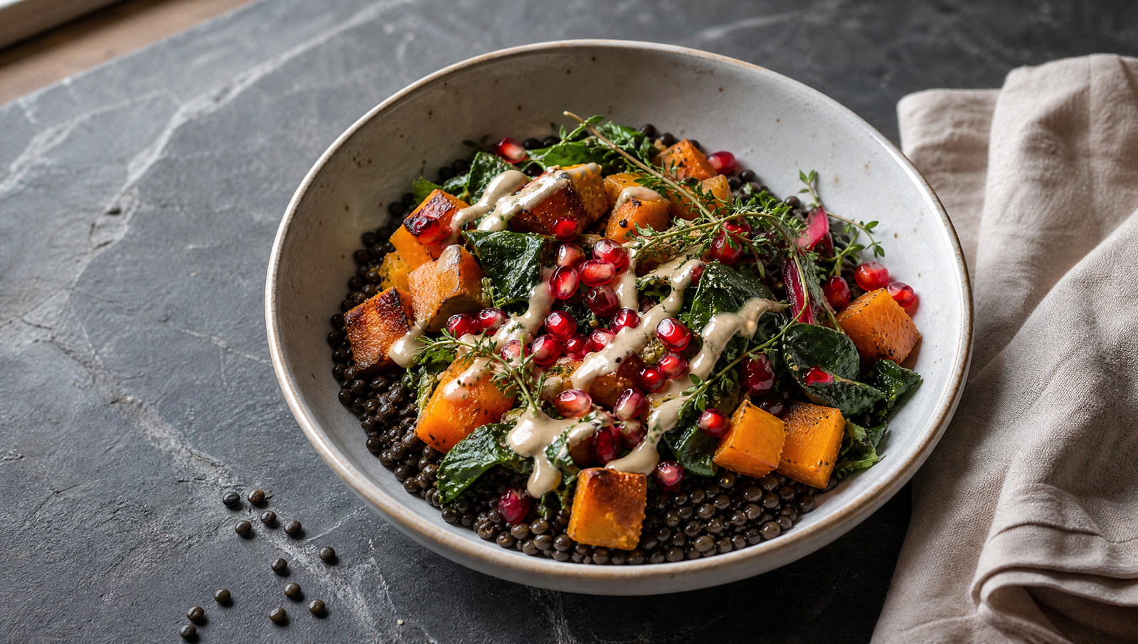 Insulin resistance diet — grain bowl with lentils, roasted butternut squash, and tahini on dark stone surface