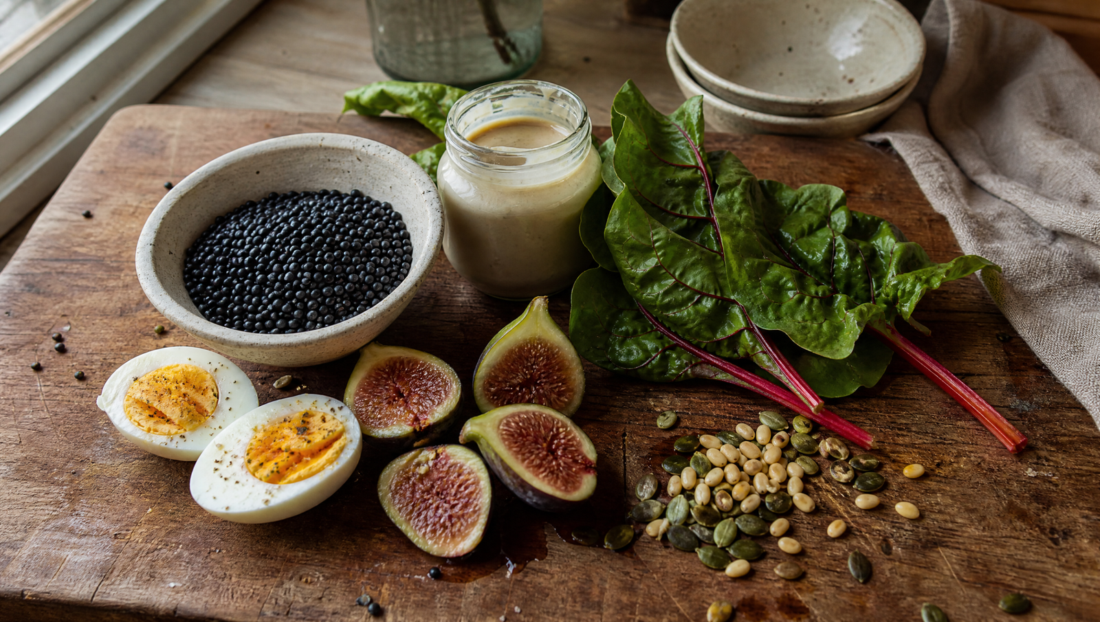 Insulin resistance and weight loss — whole foods on wooden kitchen counter, natural light