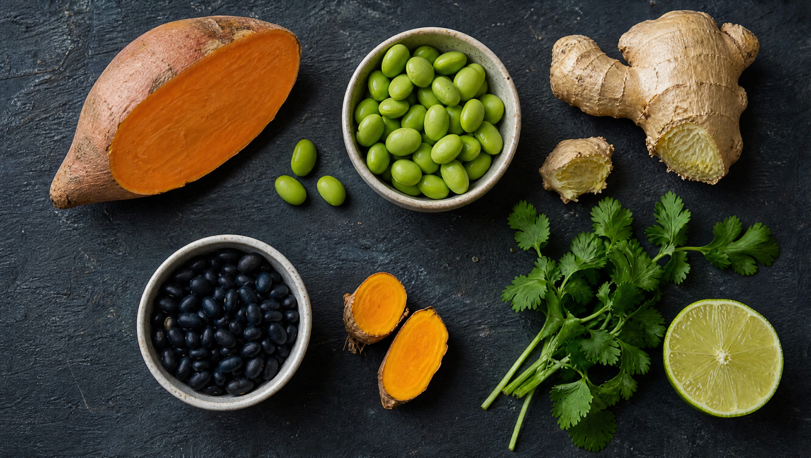intermittent fasting fatty liver — anti-inflammatory ingredients on dark slate surface, natural kitchen light