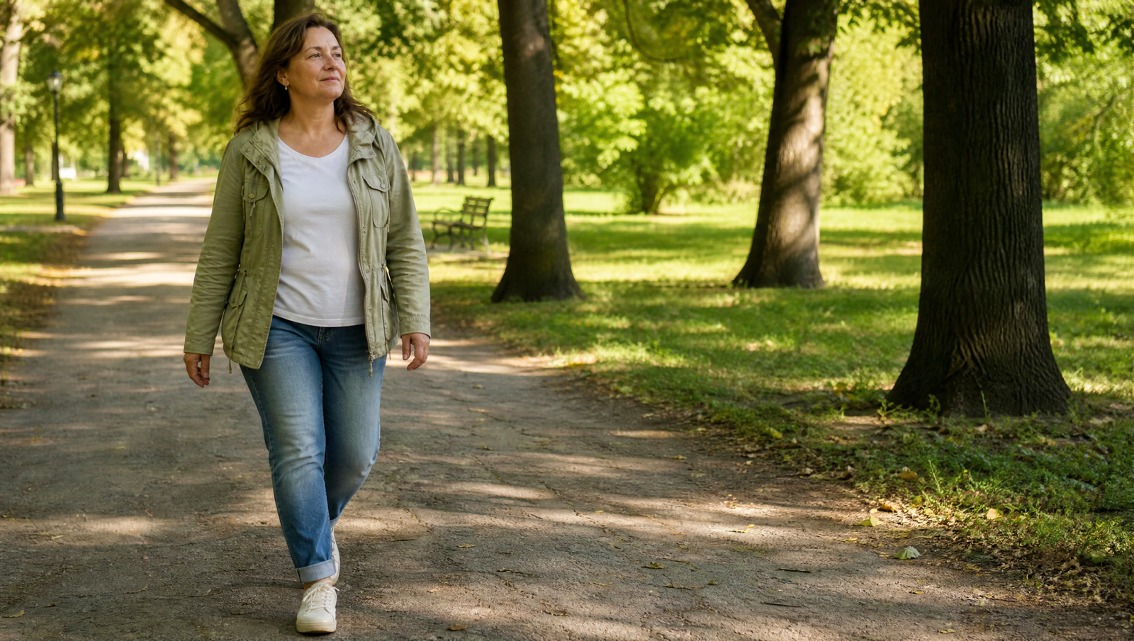 woman on a relaxed post-meal walk on a sunny park path — lifestyle approach for intermittent fasting fatty liver
