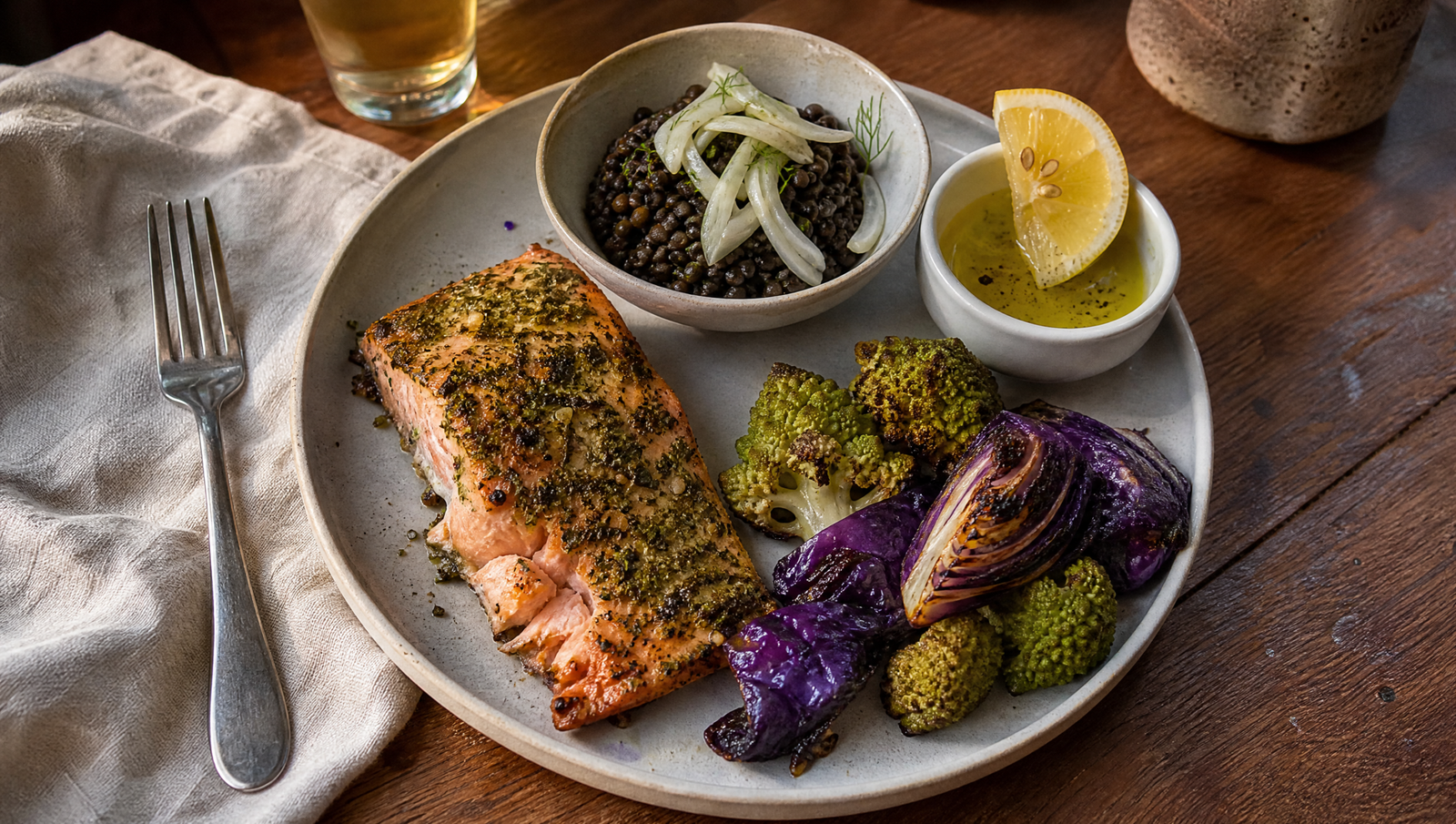nourishing salmon and roasted vegetable meal supporting intermittent fasting fatty liver eating protocol