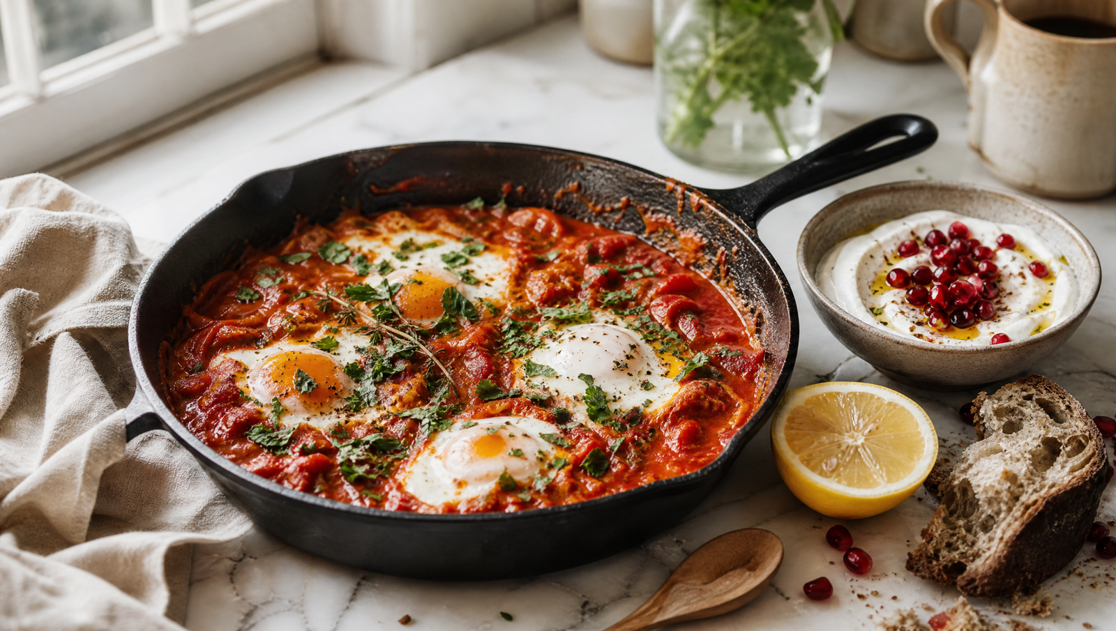 intermittent fasting fatty liver — shakshuka with eggs in tomato sauce and pomegranate yogurt on marble surface