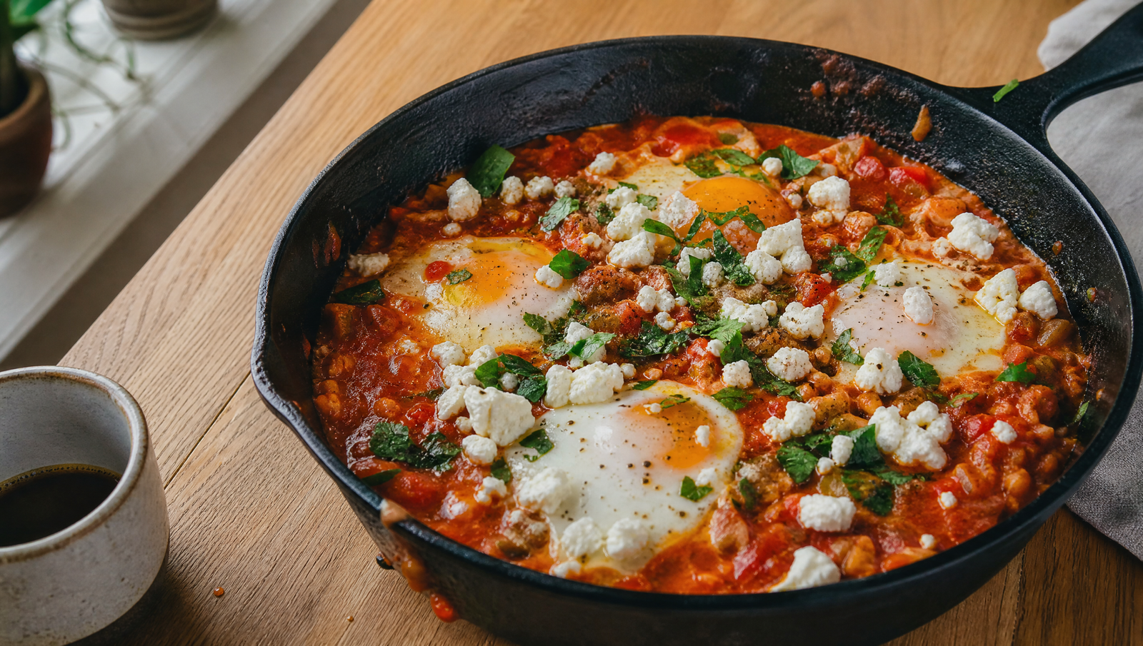 leptin resistance diet with a protein-rich shakshuka meal, feta and fresh herbs in morning light