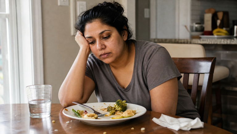 leptin resistance — woman at kitchen table looking tired despite a full meal, soft natural window light