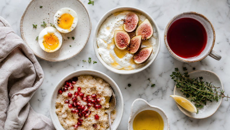lower blood pressure naturally with a bright Mediterranean breakfast spread on white marble