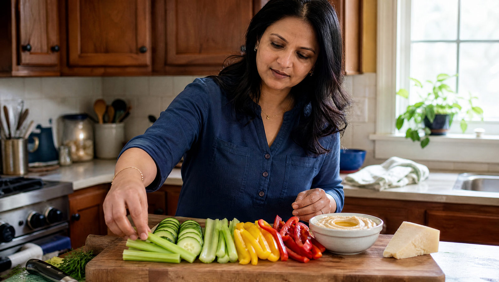 blood sugar-friendly snacks prepared in a bright kitchen with eggs, almonds, Greek yogurt, sliced vegetables, and fruit