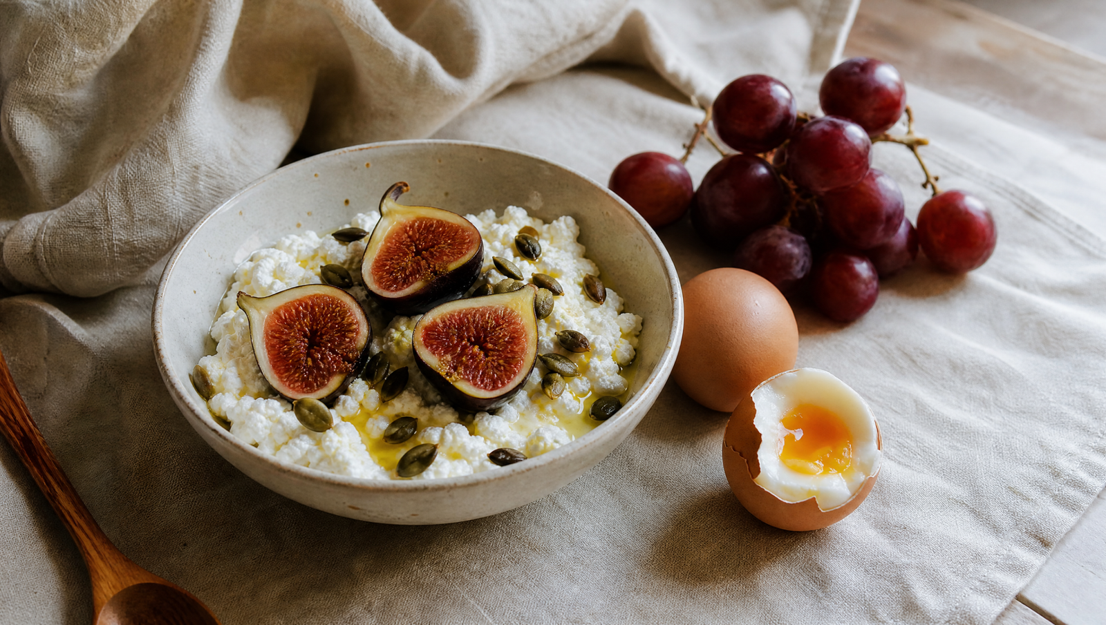 cottage cheese bowl with figs, pumpkin seeds and soft-boiled eggs on linen cloth — metabolic-friendly snacks