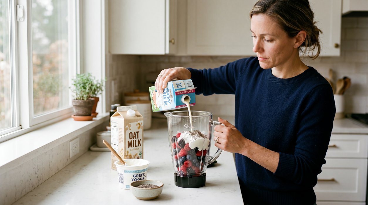 oat milk blood sugar smoothie prep with protein fiber and lower carb milk options
