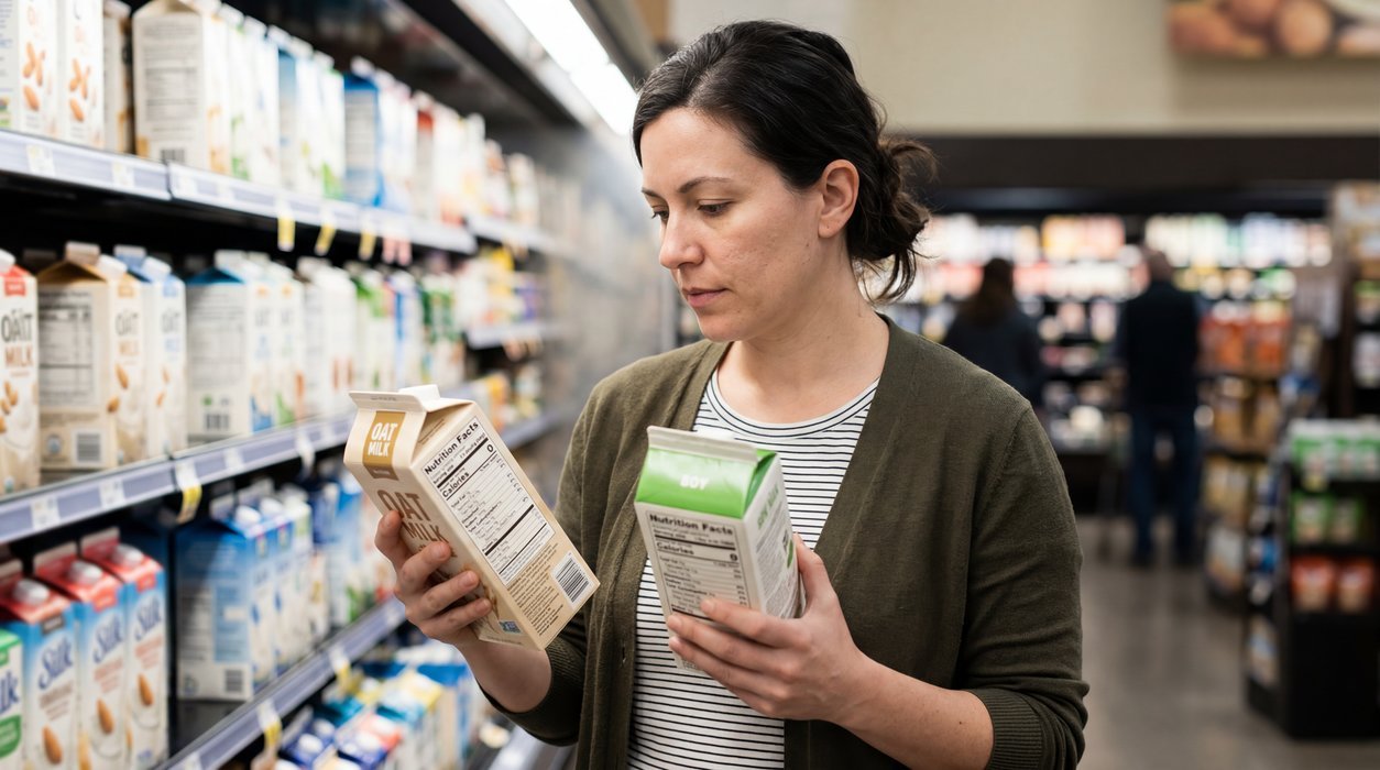dairy alternatives label check for total carbs added sugar and protein
