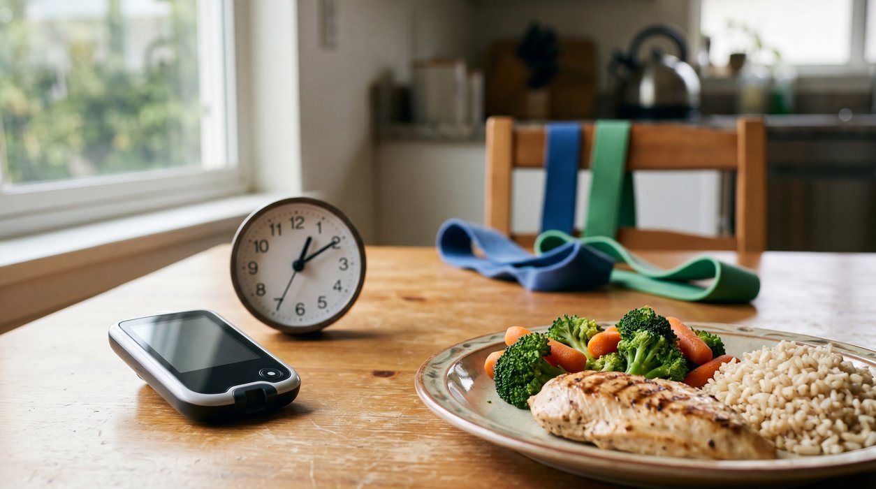 prediabetes fatigue after-meal energy dip with glucose meter and balanced plate
