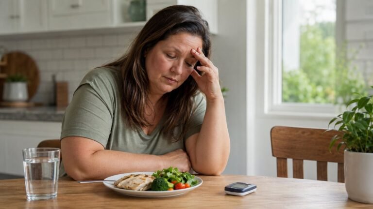 prediabetes fatigue in a tired woman with glucose meter and balanced meal