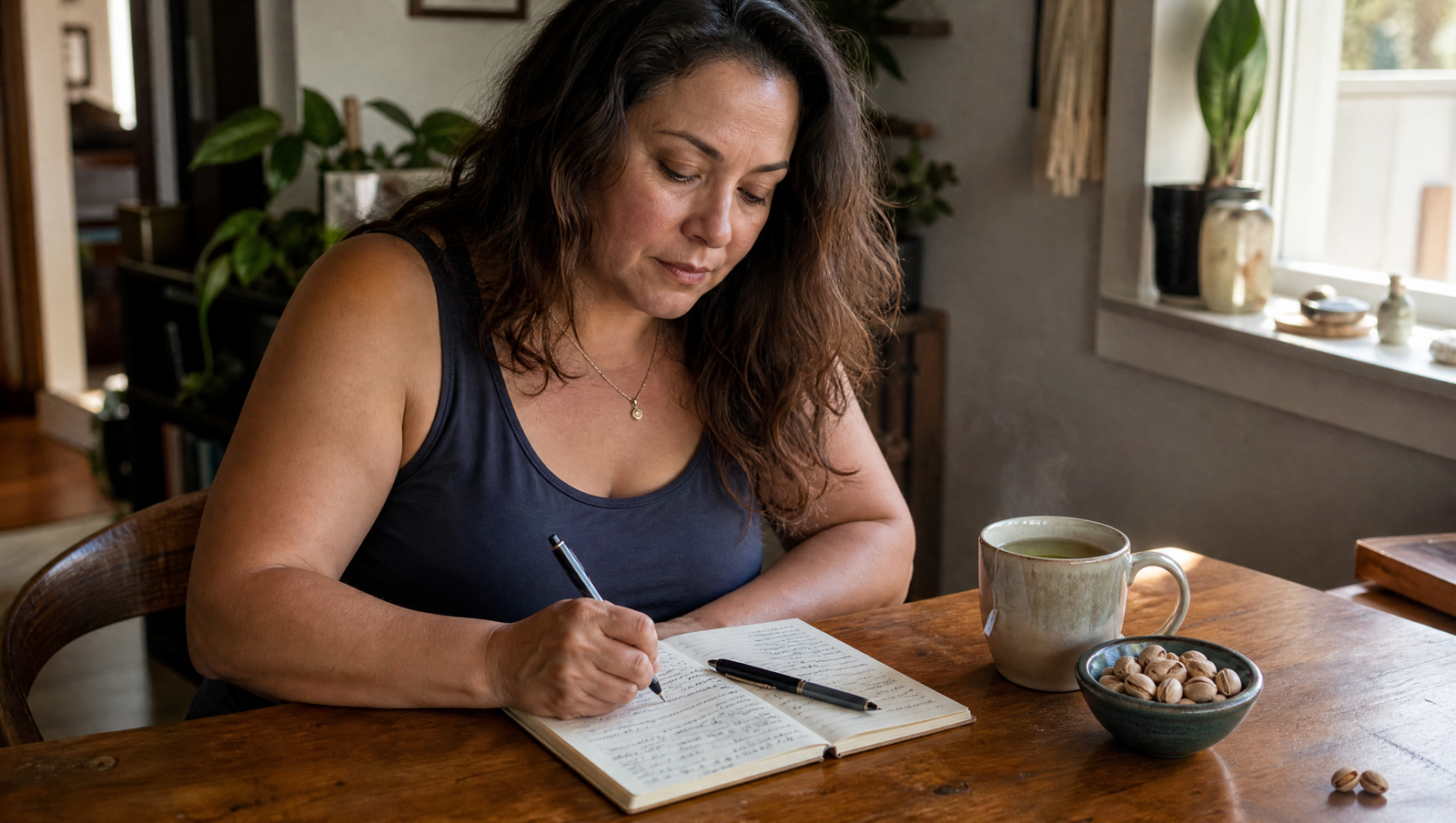 person reviewing blood sugar tracking notes at a kitchen table as part of managing prediabetes naturally