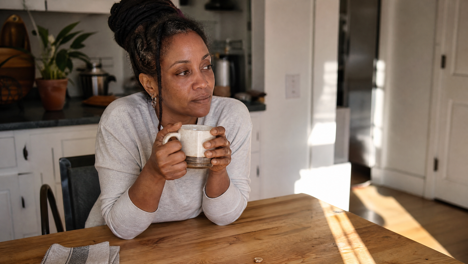 tired woman sitting at a kitchen table in the morning, representing possible signs of prediabetes progression