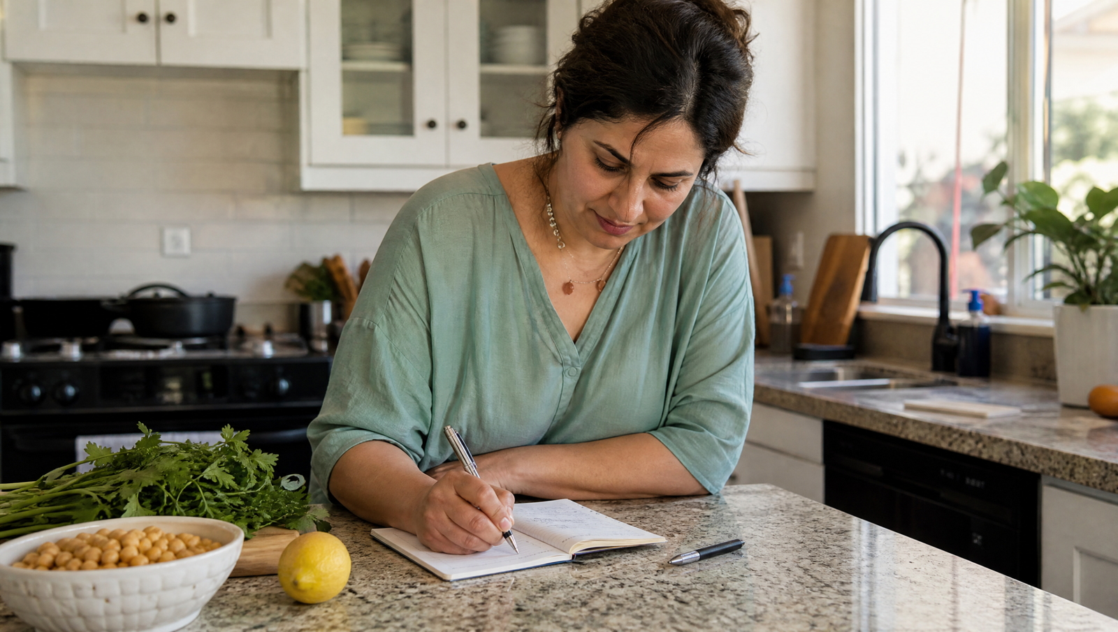 woman writing in a journal beside whole foods, tracking habits and lab values for prediabetes progression