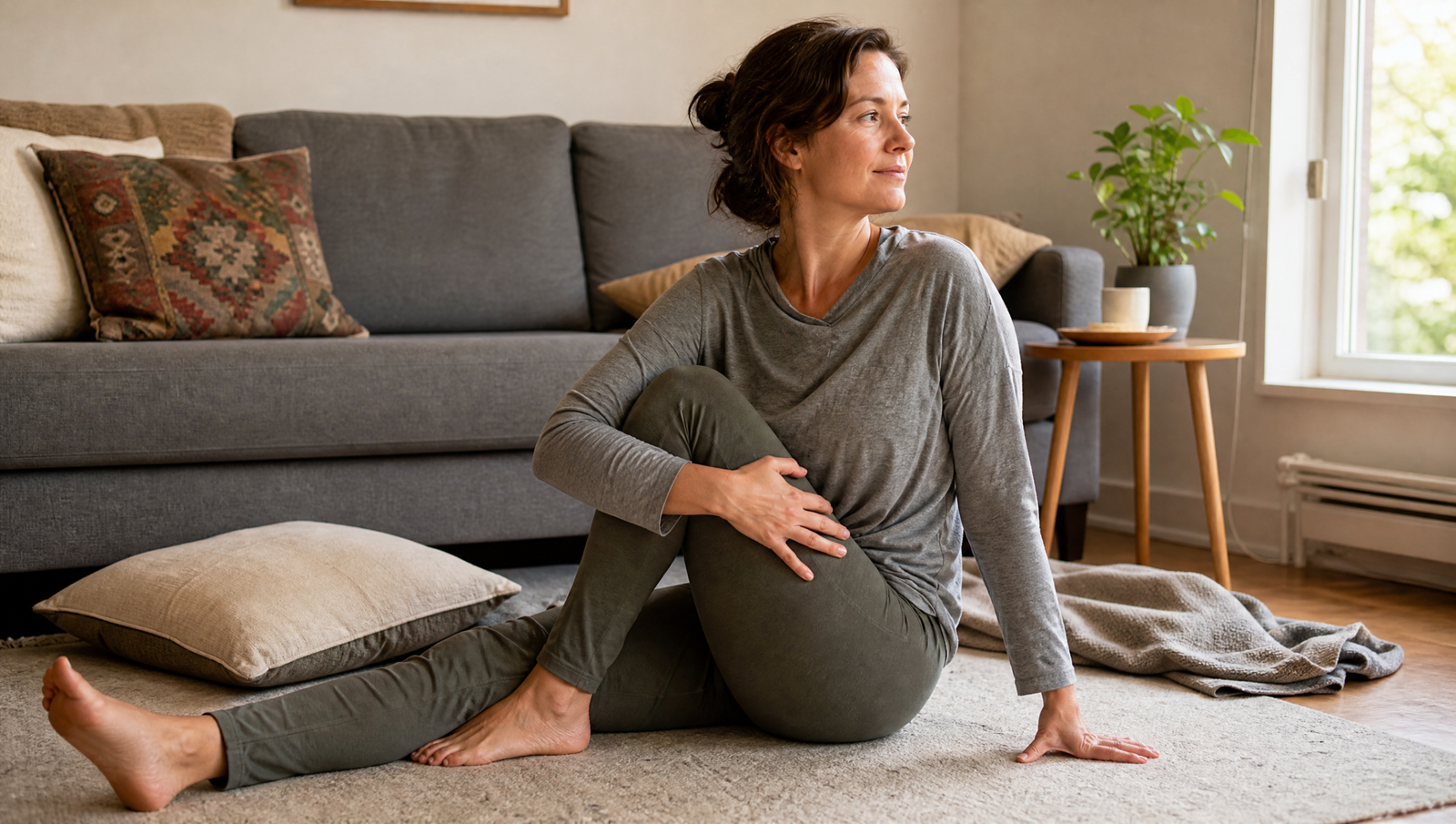woman stretching at home as part of a practical lifestyle routine for supporting blood sugar and insulin sensitivity