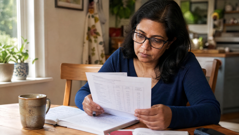 prediabetes progression signs — woman reviewing blood sugar notes at kitchen table, natural light