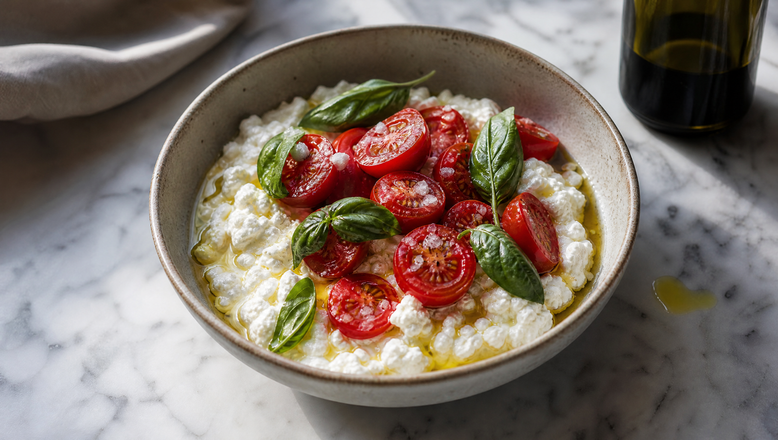savory breakfast ideas with protein — cottage cheese bowl with tomatoes, olive oil, and fresh herbs on marble surface