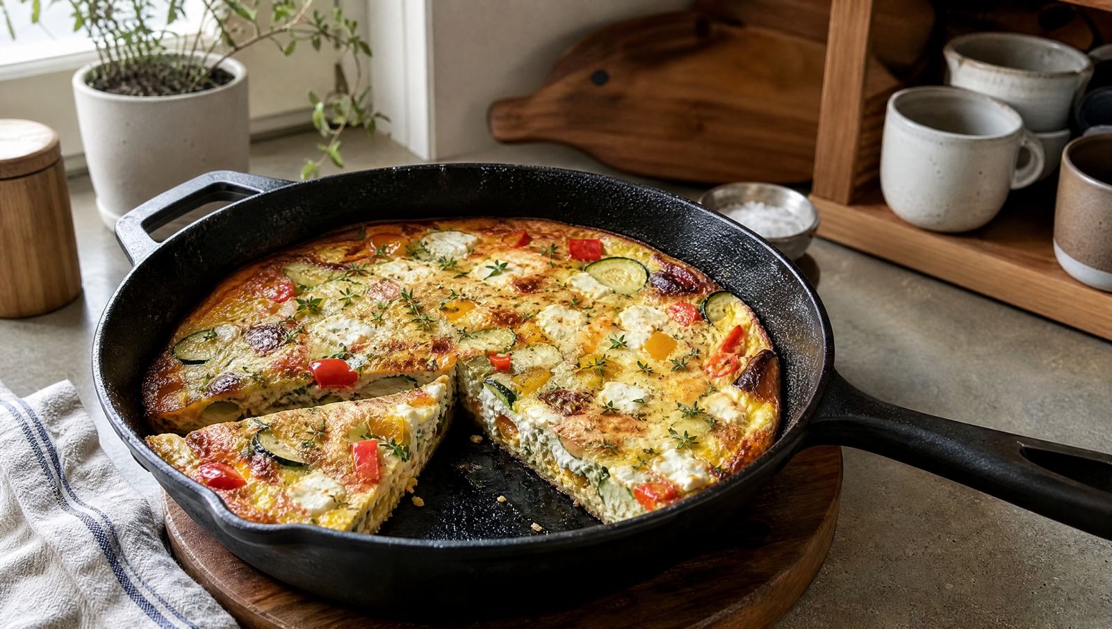 high-protein savory breakfast — vegetable frittata in cast iron pan with herbs and roasted bell peppers
