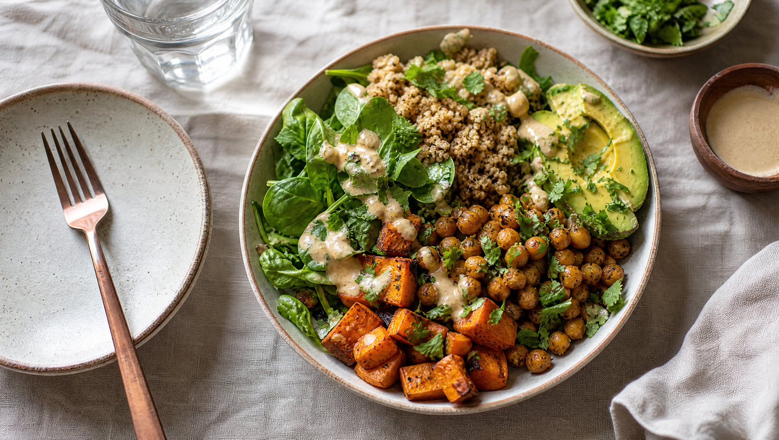protein-rich meal with lentils quinoa vegetables and tahini