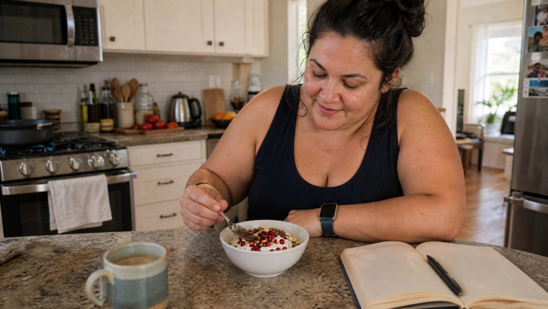 woman eating a protein-rich breakfast after noticing signs of low protein intake